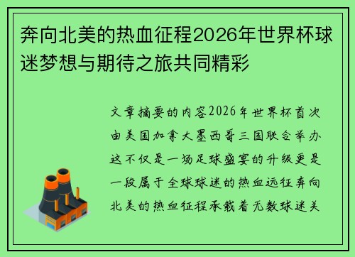 奔向北美的热血征程2026年世界杯球迷梦想与期待之旅共同精彩