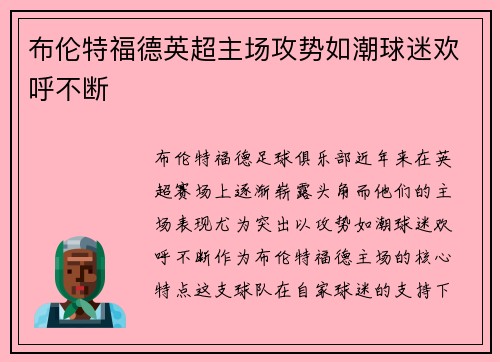 布伦特福德英超主场攻势如潮球迷欢呼不断 布伦特福德英超主场攻势如潮球迷欢呼不断